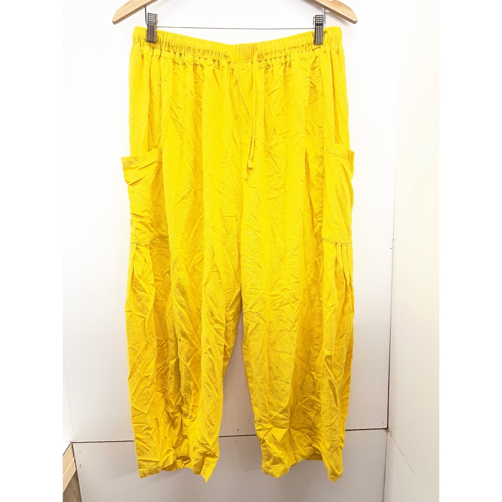 Tarse Yellow Linen Blend Cargo Pants Wide Leg Drawstring Waist Size L